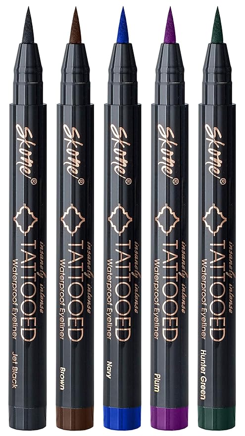 Skone Cosmetics Insanely Intense Tattooed Eyeliner Pen - 5-piece Set - Waterproof Liquid Eyeliner, Sweat Proof, Smudge Proof Liquid Eyeliner - 5 Bold Colors (Black, Brown, Navy, Plum, Hunter Green)