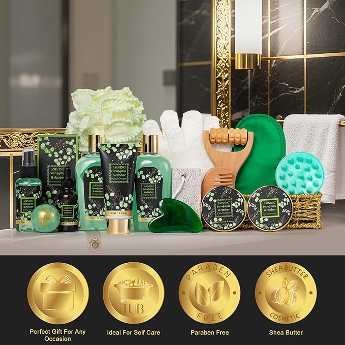 Home Spa Gift Basket, Bath Spa Kit for Women & Men, Bath & Shower Spa Gift Basket Set with Body Lotion, Shower Gel, Bubble Bath, Bath Bomb, Bath Gift Set for Mother, Wife Her, Eucalyptus & Amber Scent