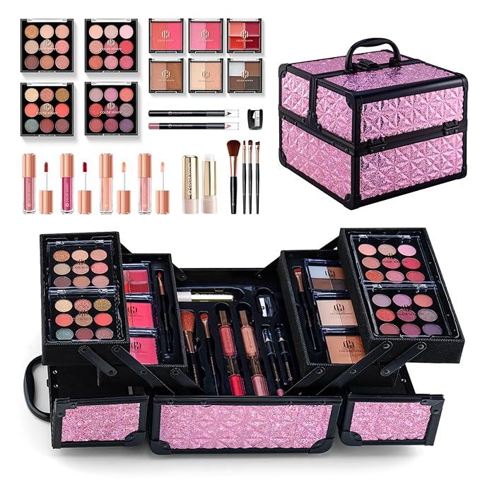 Color Nymph All in one Makeup Kit For Girls Teens, Makeup Set 4 Trays Spacious Space Train Case for Beginner with Eyeshadow Highlighter Lipgloss Blush Contour Concealer Brush Eyeliner Lipbalm