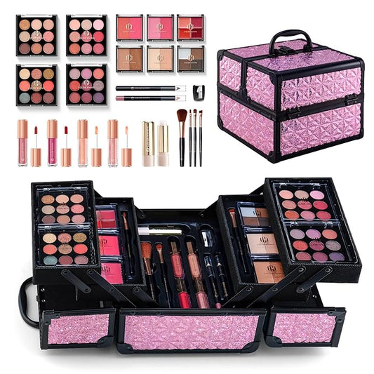 Color Nymph All in one Makeup Kit For Girls Teens, Makeup Set 4 Trays Spacious Space Train Case for Beginner with Eyeshadow Highlighter Lipgloss Blush Contour Concealer Brush Eyeliner Lipbalm