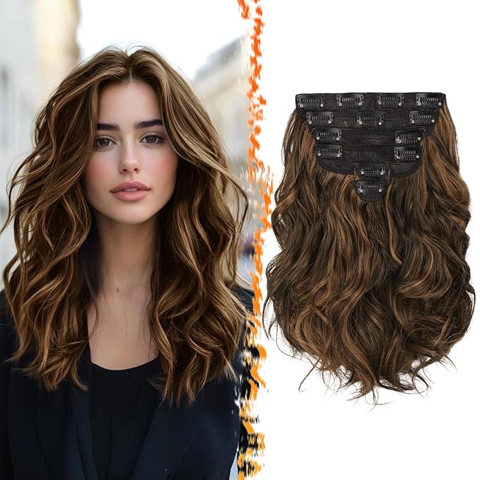 BARSDAR Short Wavy Clip in Hair Extensions - 12 Inch Highlight Extensions for Women - 6PCs Thick Soft Synthetic Hairpieces Daily - Dark Brown With Highlights