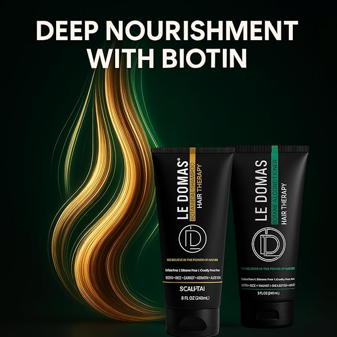 LE DOMAS Botanical Shampoo and Conditioner Set – Sulfate Free Natural Therapy with Biotin, Aloe Vera & Rice - Moisturizing Hair Growth & Repair Formula for Dry, Curly & Color Treated Hair, 8oz Each