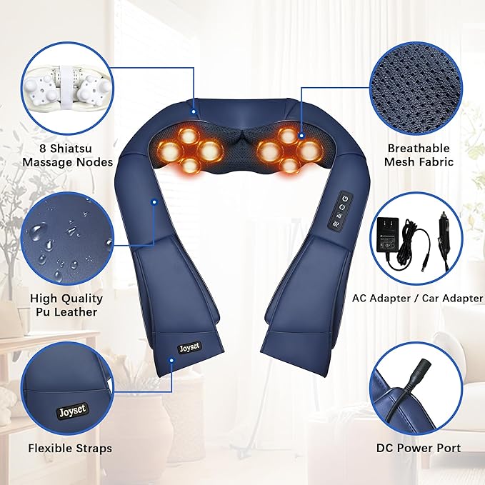 Joyset Shiatsu Neck and Back Massager with Heat,Electric Shoulder Massager for Pain Relief Deep Tissue,3D Kneading Massage with Cloth Cover Easy to Clean (Blue)