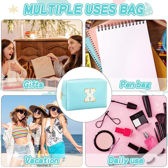 URSKYTOUS Gifts for Girls Initial Makeup Bag Personalized Cosmetic Bag with Zipper Cute Travel Toiletry Bag Waterproof PU Preppy Makeup Pouch Birthday Gift for Teen Girls Women(Blue X)