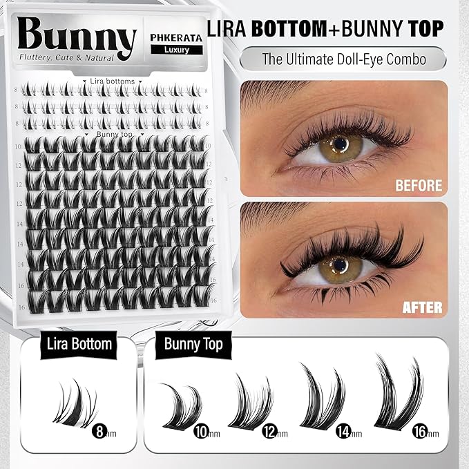 Bunny Lash Clusters Kit with Bottom Eyelash Clusters Manga Lash Extensions Kit Wispy Fairy Cluster Eyelash Extensions Kit DIY Individual Lashes with Clear Bond and Seal Tweezers, 8-16mm