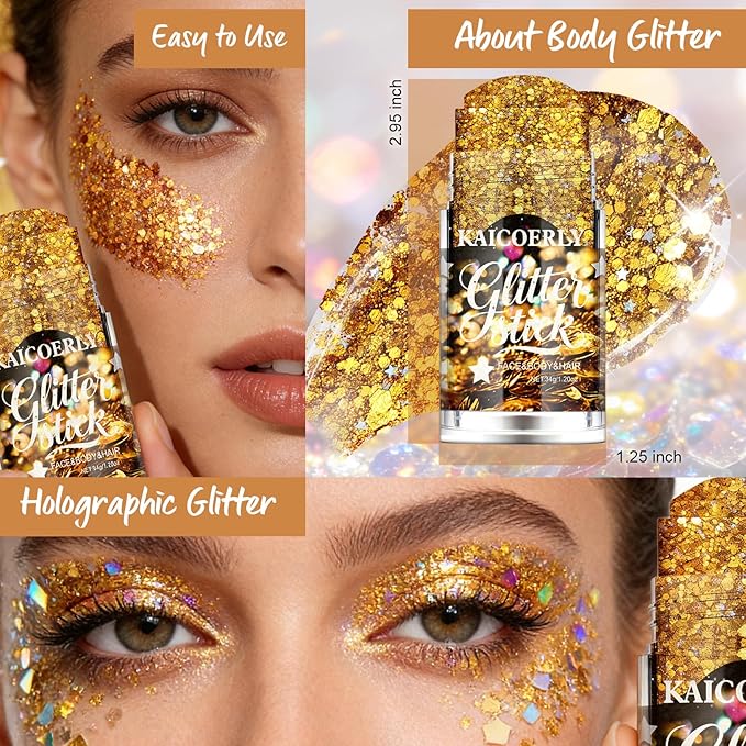 Gold Body Glitter Gel, Yellow Body Glitter for Face Body Hair, Chameleon Color Changing Glitter Gel for Singer Concert Outfits Mermaid Sequins Festival Accessories Shimmer Makeup #3