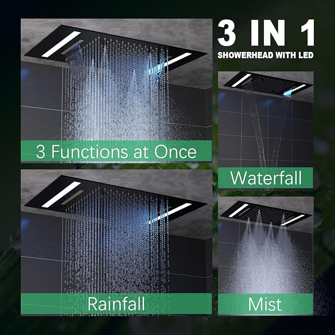 HOMEDEC 14x20" Full Body LED Shower Head, Multi-Function High-Pressure Rainfall Mist Waterfall, 3 Functions Can Be Used Together or Separately, Black