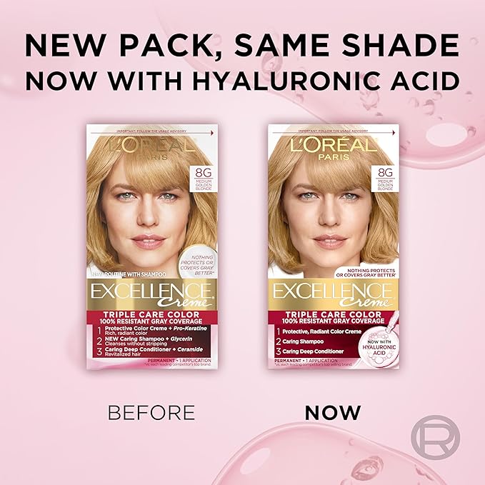 L'Oreal Paris Excellence Crème Permanent Hair Dye, Triple Care Hair Color with Hyaluronic Acid for 100% Gray Coverage, 8G Medium Golden Blonde, 1 Kit (Packaging May Vary)