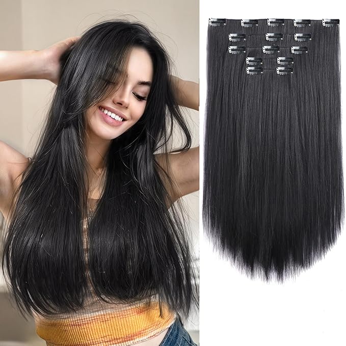 Natural Black Straight Hair Extension Clips 18 Inch Long Invisible Thick Synthetic Clip in Extensions 5PCS Soft and Easy Installation Hairpieces for Women Girls Weddings Party Daily Use 6.5 Oz
