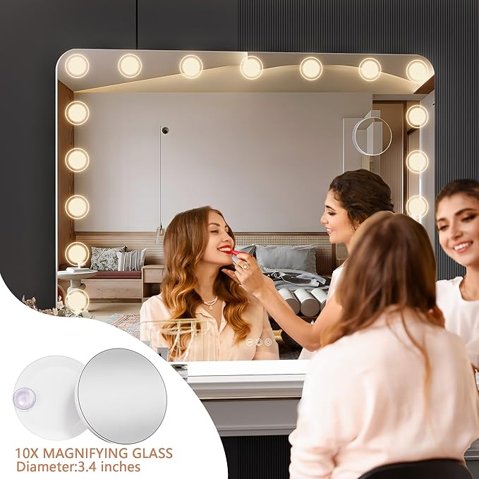 Hasipu Vanity Mirror with Lights, 40" x 32" Makeup Mirror, Light up Mirror with 19 Dimmable LED Lights and 10X Magnification, 3 Colors Modes, Touch Control, USB Charging Port, White (Round)