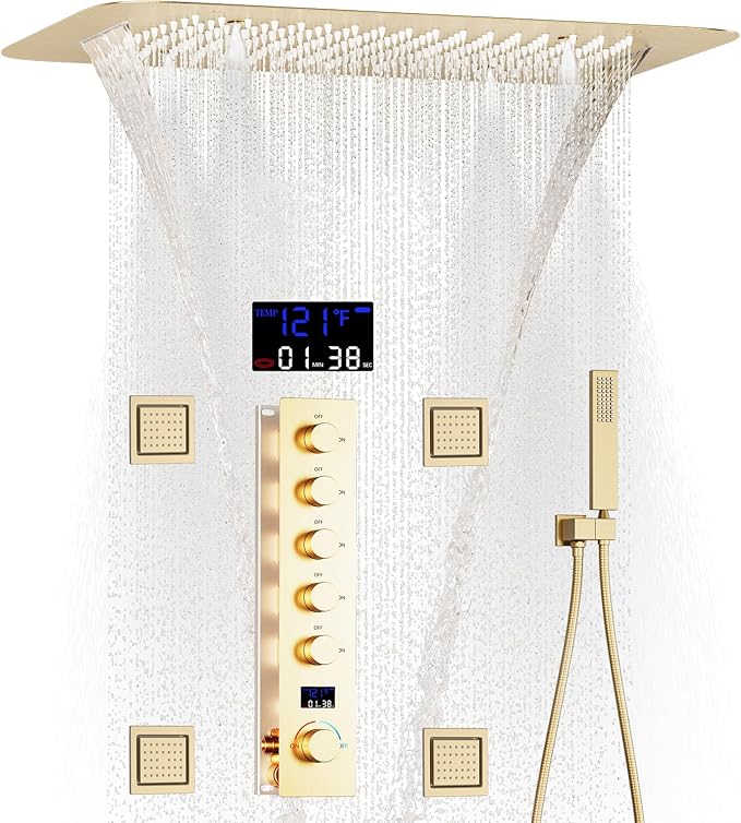 AYIVG Brushed Gold Multi Functions Rain Shower Head System With Spa Body Spray Jets 16X24 Inch Thermostatic Shower Mixer Set Temperature Display Rainfall Shower System Full Body Shower Faucet Set