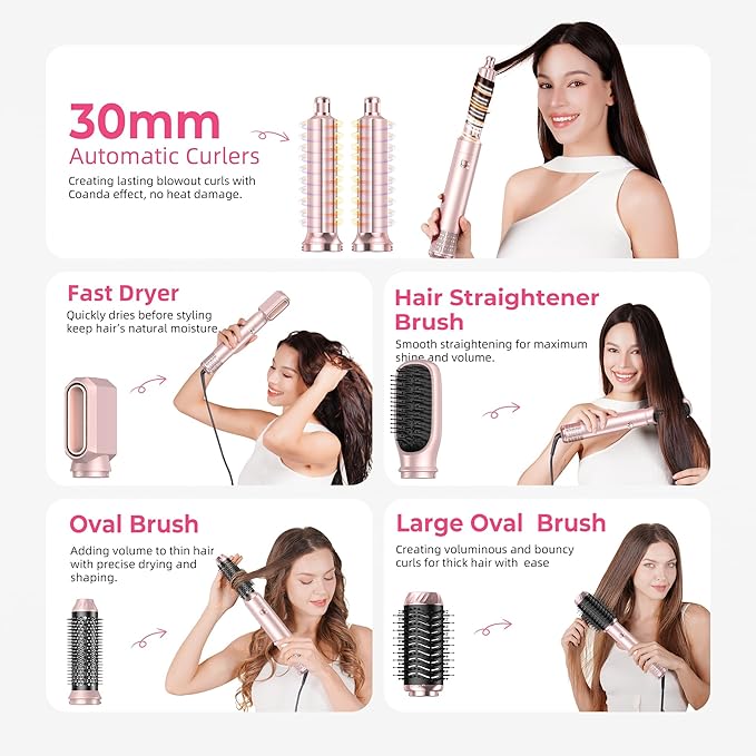 6 in 1 Hair Dryer Brush, Detachable Air Styler, Blow Dryer Brush 3 Heat Settings Frizz-Free Drying, Volumizing, Straightening, Curling for Travel & Home Styling (Pink-A)