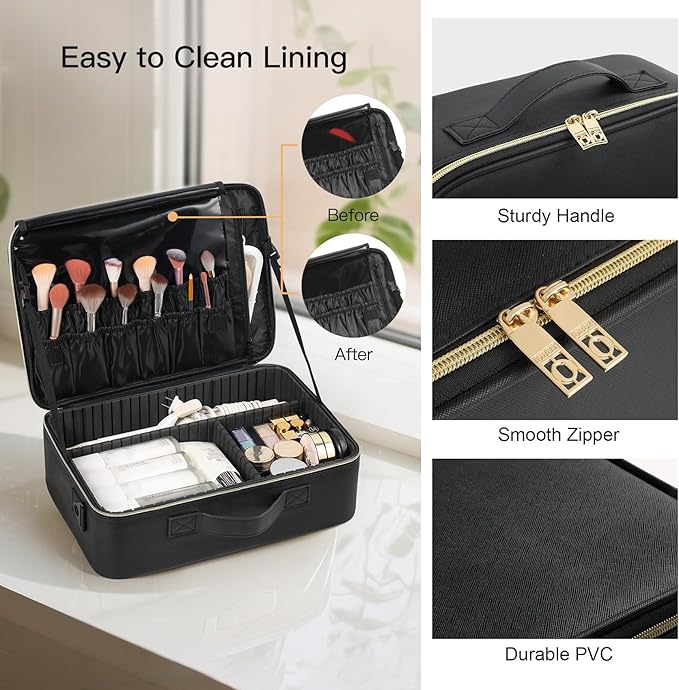 Makeup Travel Case, 16 Inch Makeup Artist Bag with Compartment and Dividers, Portable Cosmetic Bag for Women with Brush Storage Sturdy Dual Zip Closure, Waterproof, Durable, Gift for Her, Black