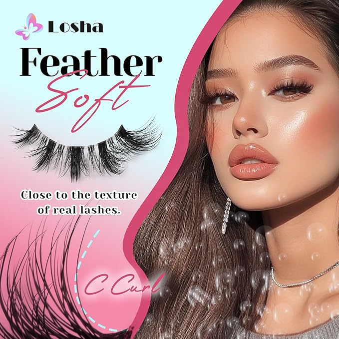 Losha Lashes Natural Cat Eye Lashes 10 Pairs Wispy False Eyelashes with Clear Band 7-14mm Faux Mink Lashes C Curl Lash Strips with Multi-layered Design (FT02)