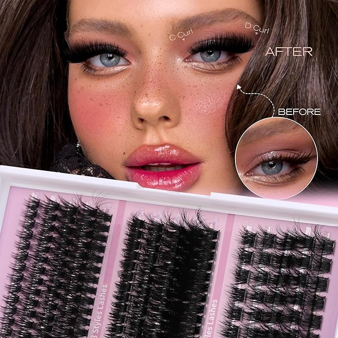 Volume Lashes Clusters Lash Kit 770Pcs with 2X Bond&Seal 5 style Mixed C-Curl False Eyelashes Extensions Kit Faux Mink Individual Wispy Lash Clusters Thick Lash Extensions DIY at Home Easily