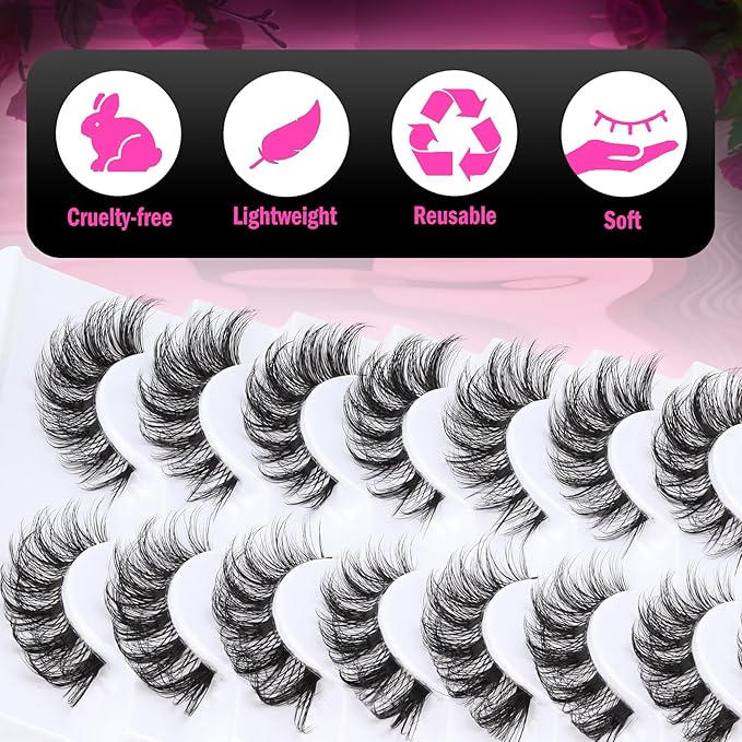 Veleasha Russian Strip Lashes with Clear Band Looks Like Eyelash Extensions D Curl Lash Strips 10 Pairs Pack (DT11)