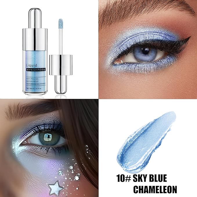 Sky Blue Chameleon Shimmer Liquid Eyeshadow, Longwear Waterproof Lightweight Eye Shadow Cream, Buildable Blendable Eye Makeup,Vegan Cruelty-Free Paraben-Free for Older Women Stage makeup 10#