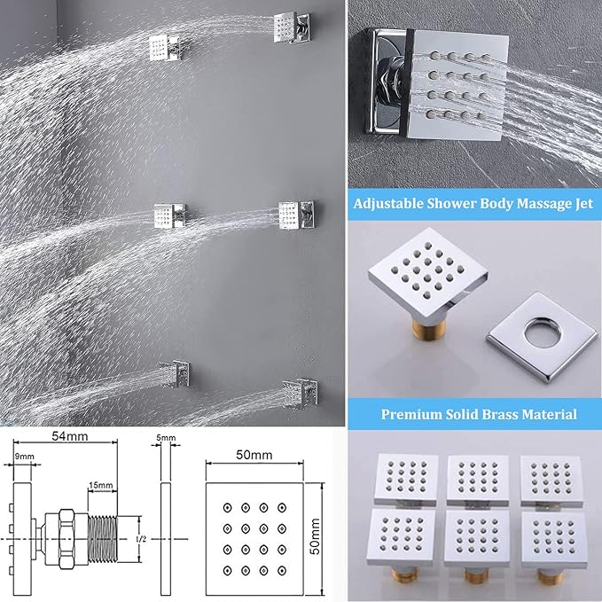 WHSHOWER Triple Shower Head Shower System Chrome Full Body Shower System with Digital Display Shower Valve, 12"+8"+8" Three Top Shower Heads,Handheld Shower and Body Jets