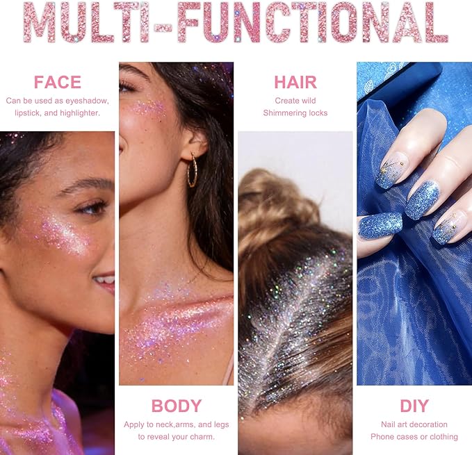Roll-on Holographic Body Glitter Gel for Face and Hair, Chameleon Color Changing Glitter Gel Under Light, Chunky Mermaid Sequins Festival Party Rave Accessories (Pink)