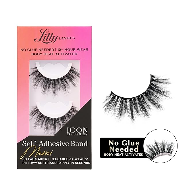 Lilly Lashes Self Adhesive Band 3D Faux Mink Eyelashes, No Lash Glue Needed, Body Heat Activated Press on Lashes, Reusable Self Adhesive Eyelashes Up to 5x, Easy to Apply & Remove (Miami)