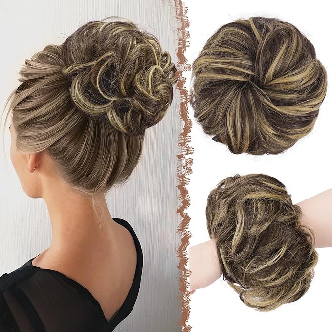 FESHFEN Large Messy Bun Hair Piece - Wavy Synthetic Chignon Scrunchies Elastic Ponytail Hair Extensions Thick Hairpieces for Women, Dark Brown & Champagne Blonde 1.94oz