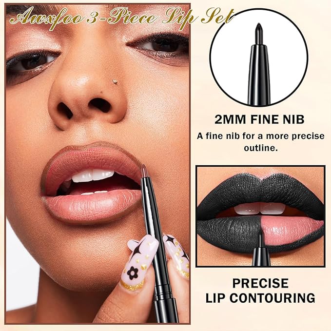 3pcs-Black Lipstick and Lip Liner Set Lip Kit,3 in 1 Velvet Lipstick Halloween Matte Liquid Lipstick Lip Gloss with Lip Pencil,Hydrating Lip Stain Lip Makeup（Black）