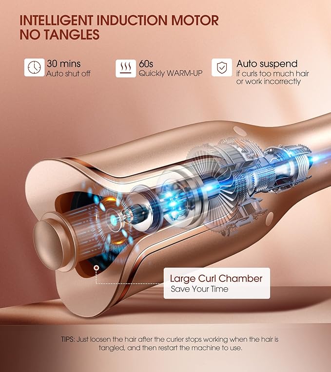 Automatic Curling Iron, Auto Hair Curler with 1" Curling Wand Large Slot & 4 Temperature & 3 Timer, Dual Voltage Anti-Tangle Rotating Curling Iron with Auto Shut-Off for Hair Styling, Champagne