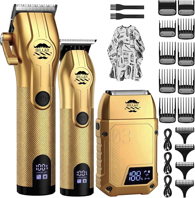 BILLAR® Professional Barber Clippers and Trimmer Set - Foil Shaver Professional Hair Clippers for Men, Mens Cordless Hair Clipper for Barbers Haircut Kit（Golden）