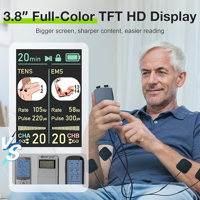 TENS Unit Muscle Stimulator with Color Display,Dual Channel TENS EMS Machine with Customizable Frequency&Pulse Width,36 Modes,20 Intensity Levels,Rechargeable Pain Relief Device–Black(Button Layout B)