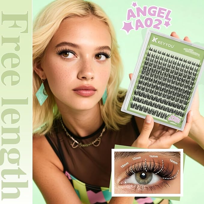 KEYYOU LASH clusters 144Pcs D Curl Angel Eyelash Extension Thick Wispy Natural Band Lash with Waterproof DIY Lash Extension at Home（Angel A02-D-8-18MIX）