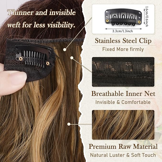 BARSDAR Short Wavy Clip in Hair Extensions - 12 Inch Highlight Extensions for Women - 6PCs Thick Soft Synthetic Hairpieces Daily - Dark Brown With Highlights