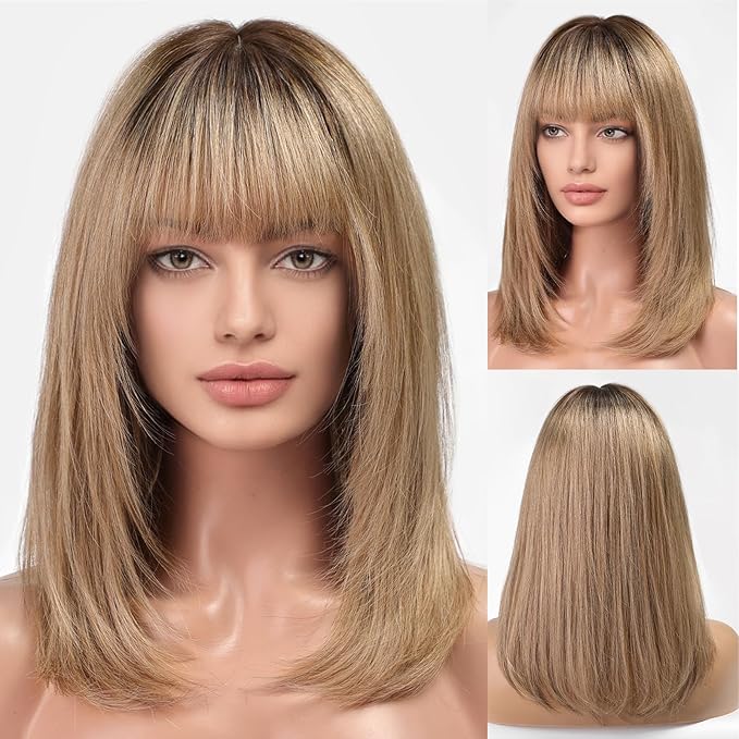 KKU 16 Inch Ombre Ash Blonde Human Hair Wigs for Women,Layered Straight Hair Wig with Bangs,Wear Natural Realism