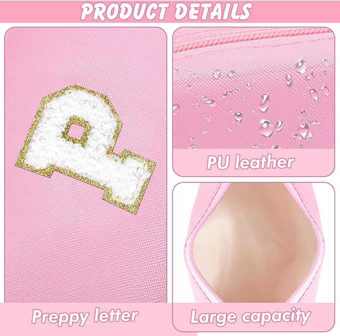 URSKYTOUS Initial Makeup Bag Personalized Preppy Travel Small Cosmetic Bag Cute PU Pink Chenille Letter Makeup Pouch for Purse Waterproof Zippered Toiletry Organizer for Women Girls Kids Friends (P)