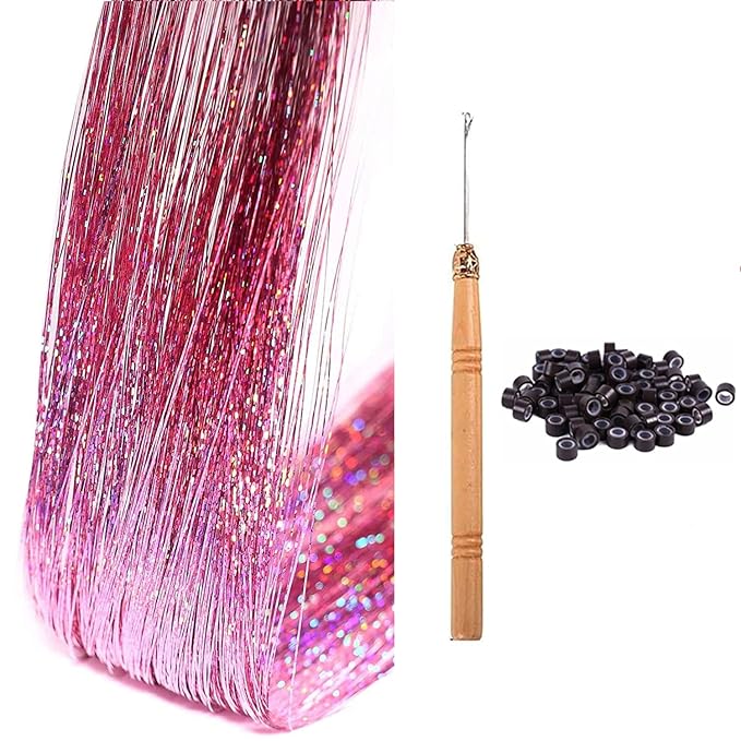 47" Holographic Hair Tinsel Kit Shining Pink Professional Sparkle Heat-Resistant Silk Extensions, Easy to Apply, Hair Accessories for Girls, Party Hair, Gifts for Girls (1000 Strands, Shining Pink)