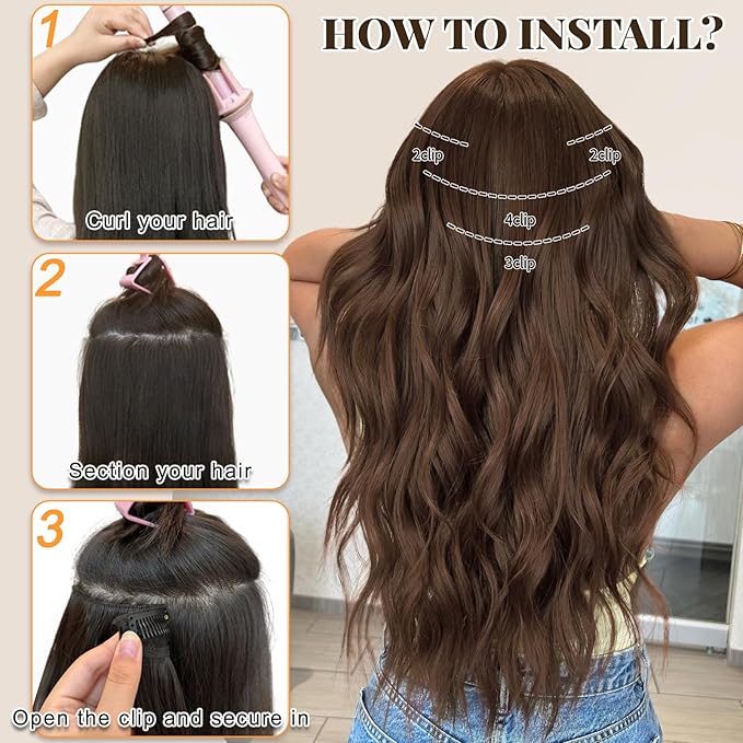 ALXNAN Clip in Long Wavy Synthetic Hair Extension 24 Inch Medium brown 4PCS Thick Hairpieces Fiber Double Weft Hair for Women