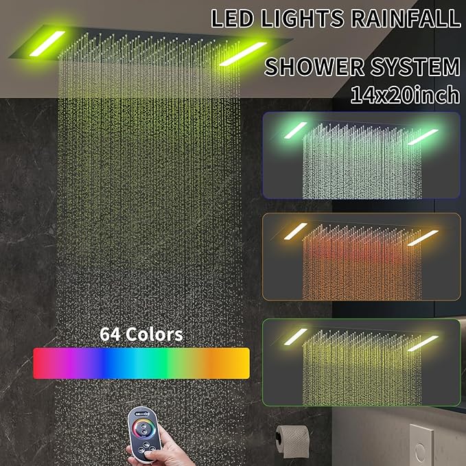 WHSHOWER Digital Display Shower Faucet Set With 14x20 Inch LED Rainfall Shower Head,Brass Handheld Sprayer And 6pcs Body Jets,Full Body Shower System (Matte Black)