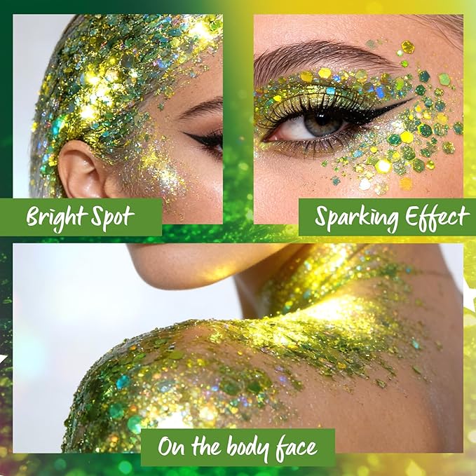 Chameleon Green Body Glitter Gel, St Patrick's Day Body Glitter for Face Body Hair, Chameleon Color Changing Glitter Gel for Rave Party Halloween Sequins Accessories Shimmer Makeup #21