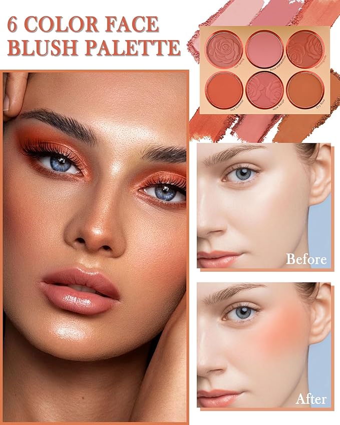 Matte Face Blush Palette with Brush-6 Color High Pigment Mineral Blendable Blusher Contour Powder for Cheeks,Longlasting Facial Beauty Cosmetic,Valentine's Women's Day Makeup Gift for Women-Set 02