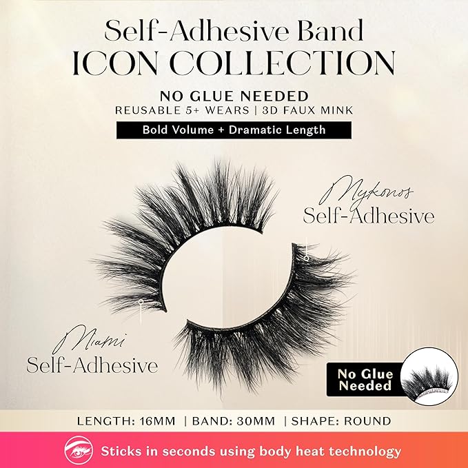 Lilly Lashes Self Adhesive Band 3D Faux Mink Eyelashes, No Lash Glue Needed, Body Heat Activated Press on Lashes, Reusable Self Adhesive Eyelashes Up to 5x, Easy to Apply & Remove (Miami)