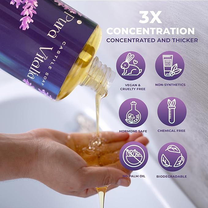Pura Vitalia Lavender Organic Castile Soap | Body Wash & Cleanser for Face & Hands | Biodegradable, Eco-Friendly, Palm Oil Free, Vegan & Gentle | Made with 6 Natural Ingredients - 16 oz