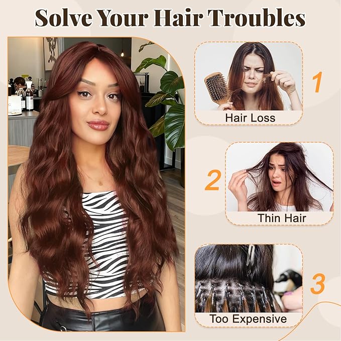 ALXNAN Clip in Long Wavy Synthetic Hair Extension 24 Inch Reddish Brown 4PCS Thick Hairpieces Fiber Double Weft Hair for Women