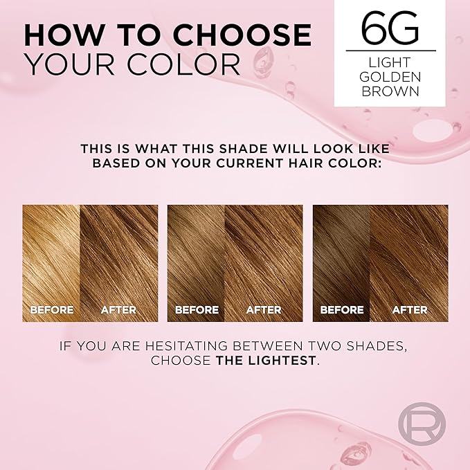 L'Oreal Paris Excellence Crème Permanent Hair Dye, Triple Care Hair Color with Hyaluronic Acid for 100% Gray Coverage, 6G Light Golden Brown, 1 Kit (Packaging May Vary)