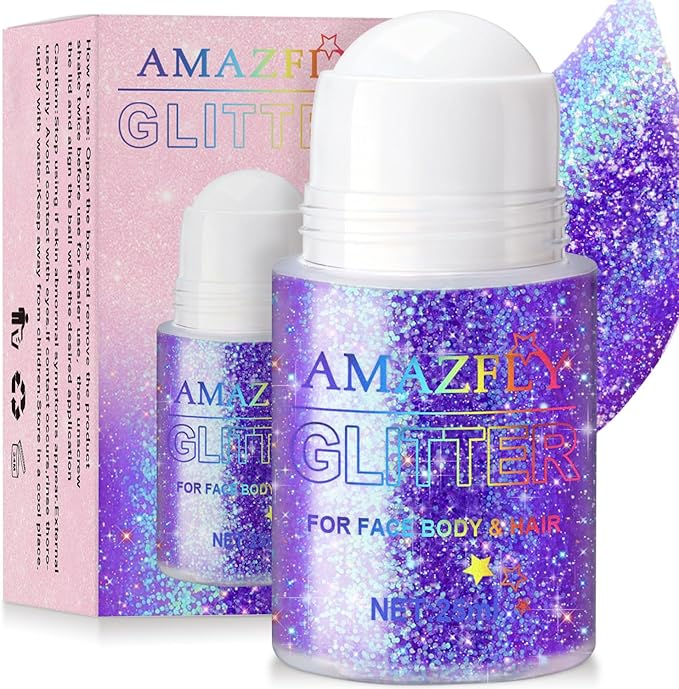 Roll-on Holographic Body Glitter Gel for Face and Hair, Chameleon Color Changing Glitter Gel Under Light, Chunky Mermaid Sequins Shimmer Makeup for Halloween Party Rave Accessories (Purple)