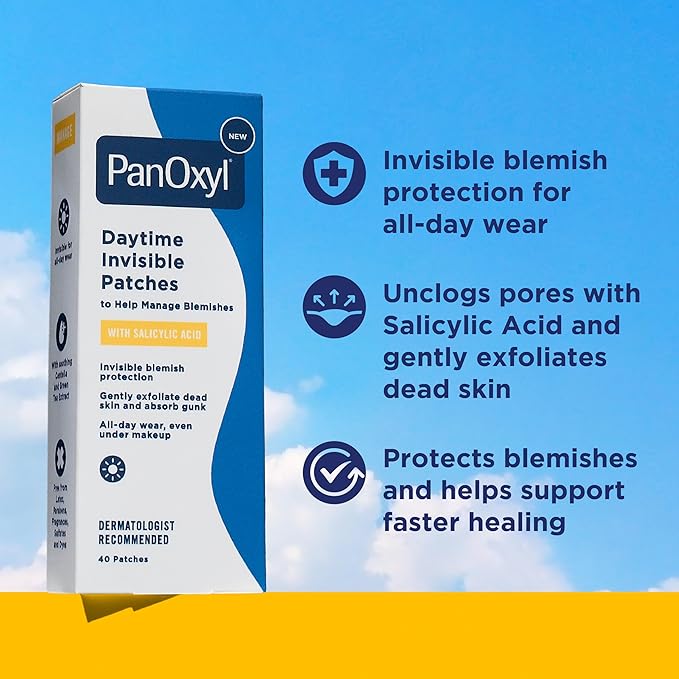 PanOxyl Daytime Invisible Patches, Dermatologist-Recommended Brand, Help Manage Blemishes, Unclog Pores and Exfoliate with Salicylic Acid, 20 Large and 20 Small Patches, Latex-Free, 40ct