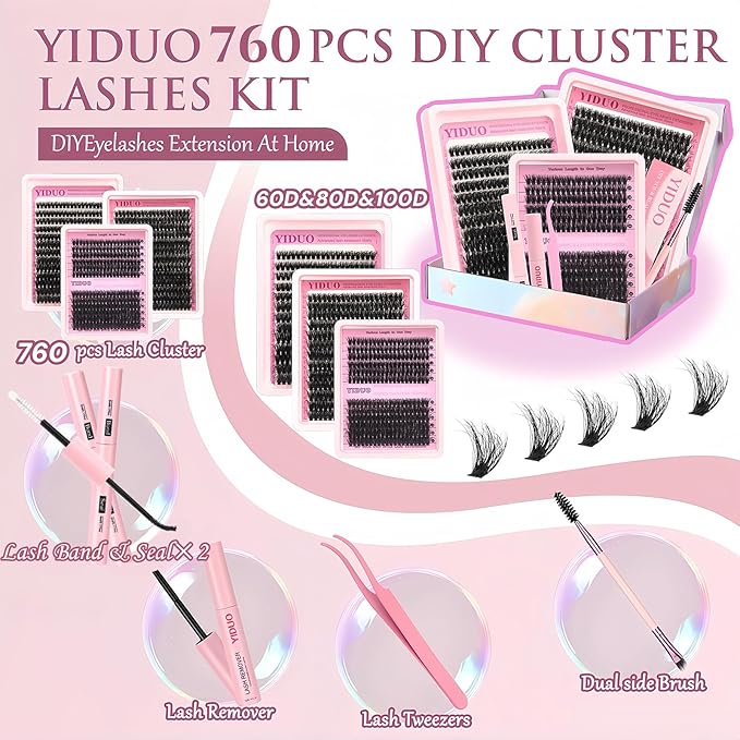 Lash Clusters Kit with 2X Bond&Seal 3 Styles 760Pcs Clusters Lashes Extension Volume Soft Eyelash Extension Kit 80D+100D D Curl Wispy Natural DIY Individual Lash Clusters Kit Box for Beginners