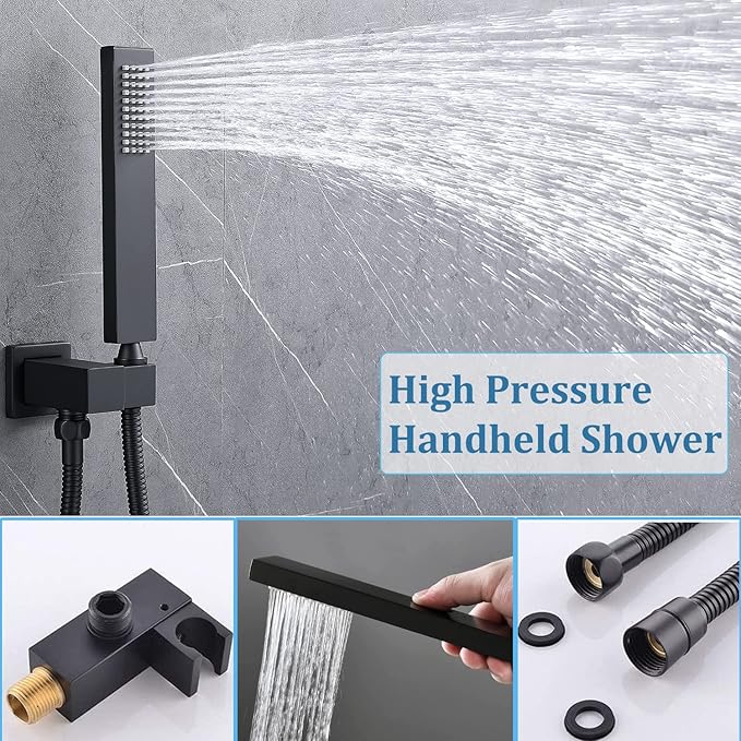 WHSHOWER Digital Display Shower Faucet Set With 12 Inch Rainfall Shower Head,Brass Handheld Sprayer And 6pcs Body Jets,Full Body Shower System (Matte Black)