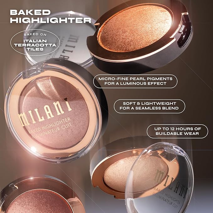 Milani Baked Highlighter - Long-Lasting Powder for Natural Radiant Glow- Buildable & Blendable Face Makeup with Lit-From-Within Finish- Vegan, Cruelty-Free & Talc-Free, Made in Italy, Bronze Splendore