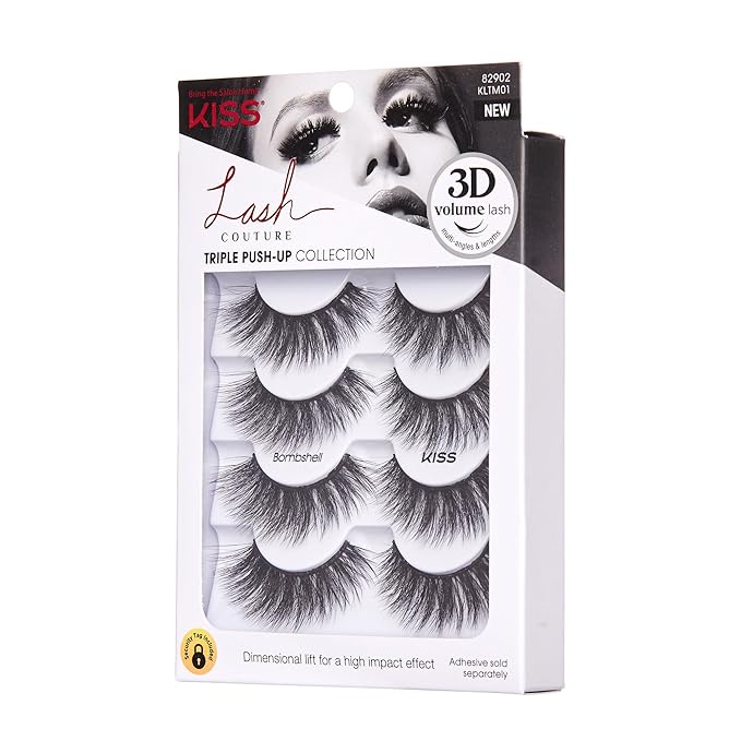 KISS Triple Push-Up, False Eyelashes, 'Bombshell', 14mm, Includes 4 Pairs Of Lashes, Easy to Apply, Reusable Lash Clusters
