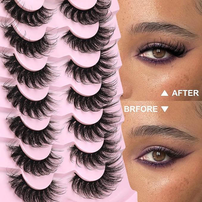 Mink Lashes Fluffy 6D False Eyelashes 17mm Wispy Cat Eye Lashes that Look Like Extensions Strip Lashes Pack