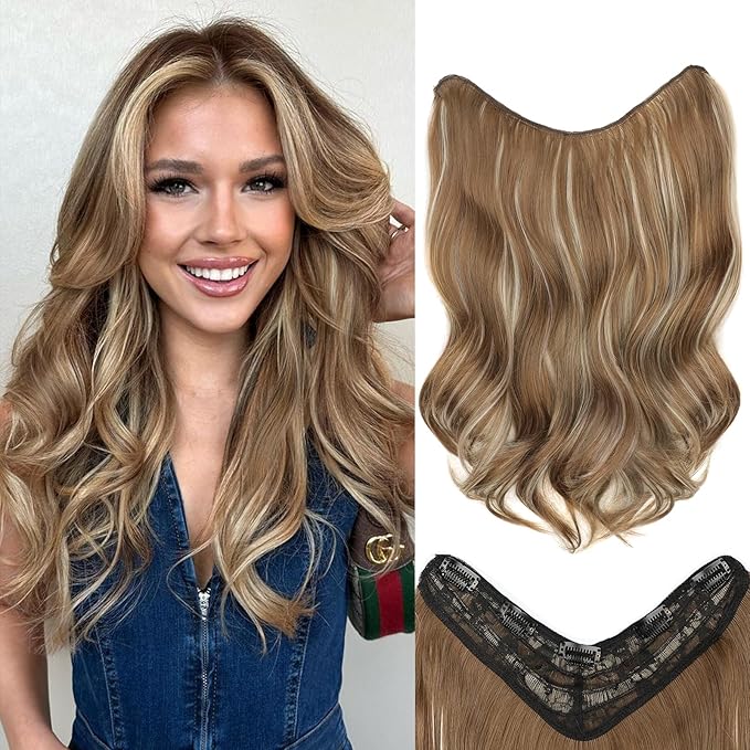 ALXNAN Long Wavy Layered Hair Extensions for Women, Clip in Hair Extensions Clip Ins Soft Full Head Synthetic Hairpieces 16 Inch Medium Brown Ash Blonde